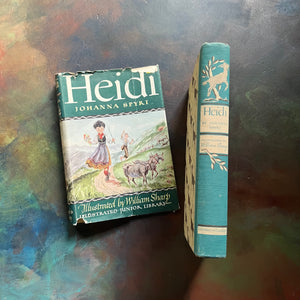 Illustrated Junior Library Editions-Heidi by Johanna Spyri with illustrations by William Sharp-vintage children's classic literature-view of the spine in a beautiful turquoise blue 