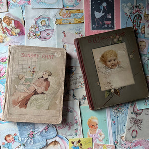 vintage children's storybooks, Pair of Antique Children's Books, In Wake-up Land and Sunday Chats 1890 - view of the book's front covers one depicting a small child & one depicting a mother sitting with a small child on their lap