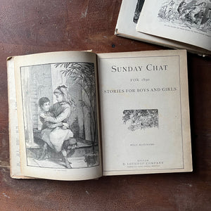 vintage children's storybooks, Pair of Antique Children's Books, In Wake-up Land and Sunday Chats 1890 - view of the title page for Sunday Chats