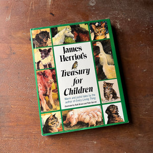 vintage children's animal stories, vintage short stories for children - James Herriot's Treasury for Children - view of the dust jacket's front cover