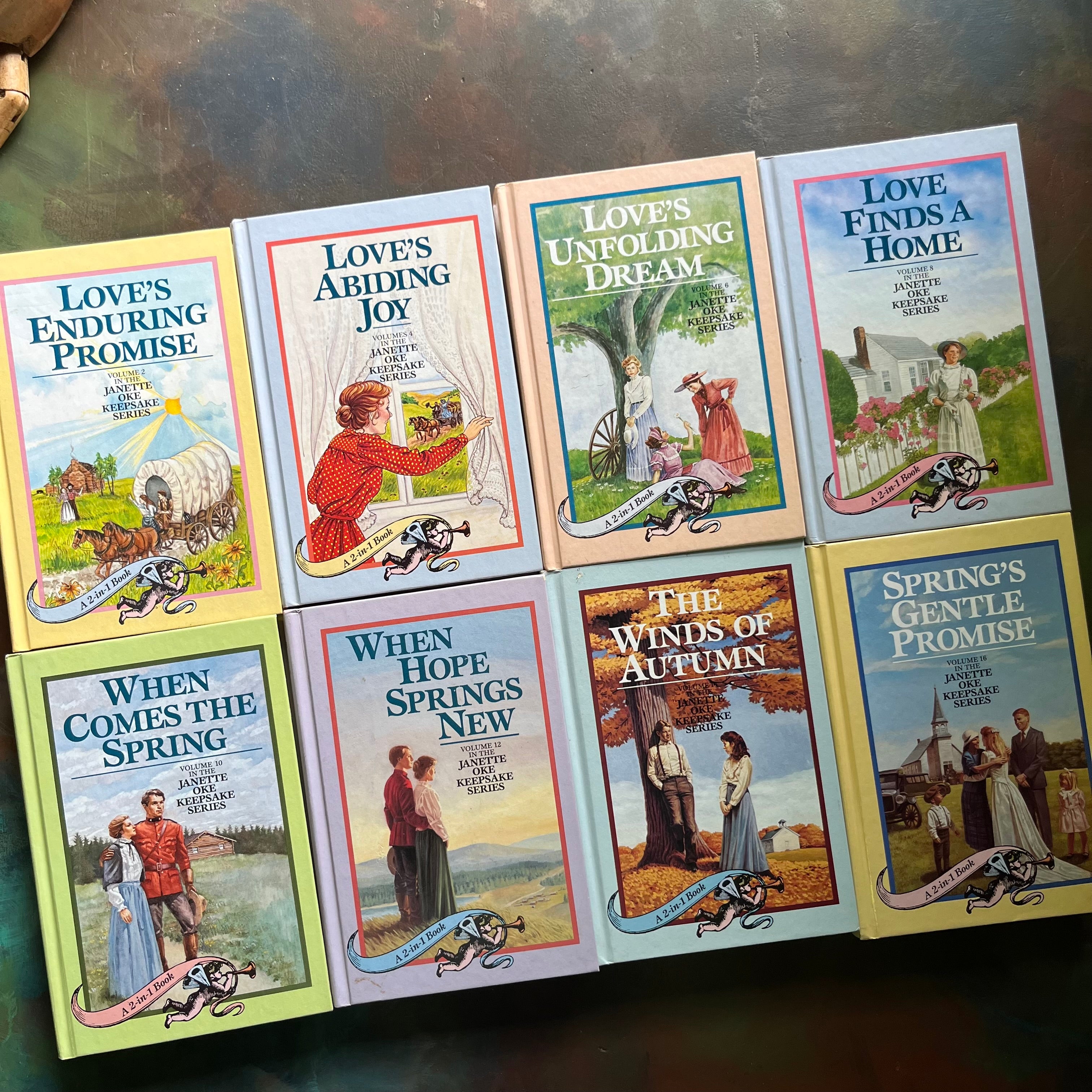 Janette Oke's Keepsake Series-complete book set-Seasons of the Heart-Canadian West-Love Comes Softly-Guideposts-vintage Christian fiction-view of the covers on one side