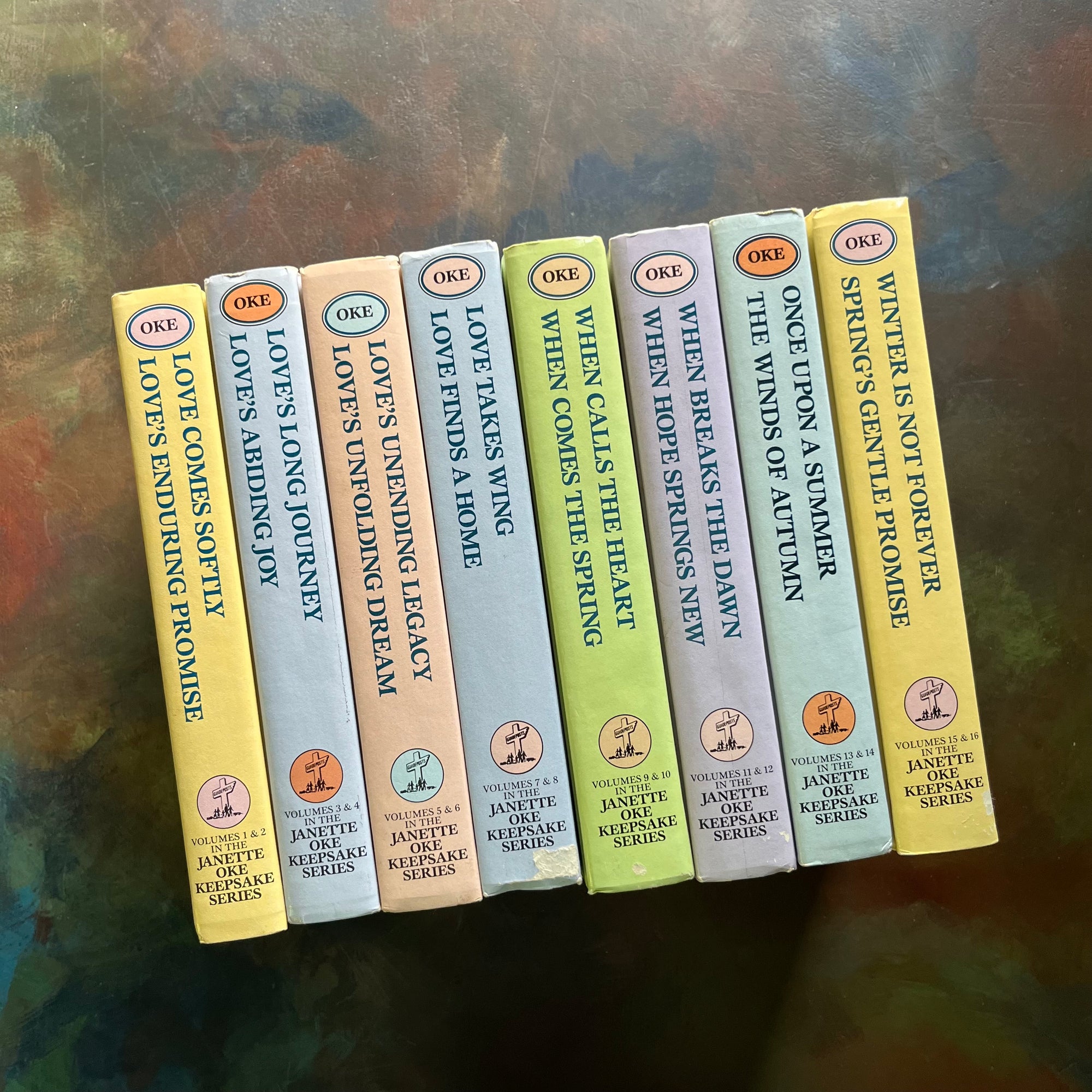 Janette Oke's Keepsake Series-complete book set-Seasons of the Heart-Canadian West-Love Comes Softly-Guideposts-vintage Christian fiction-view of the spines