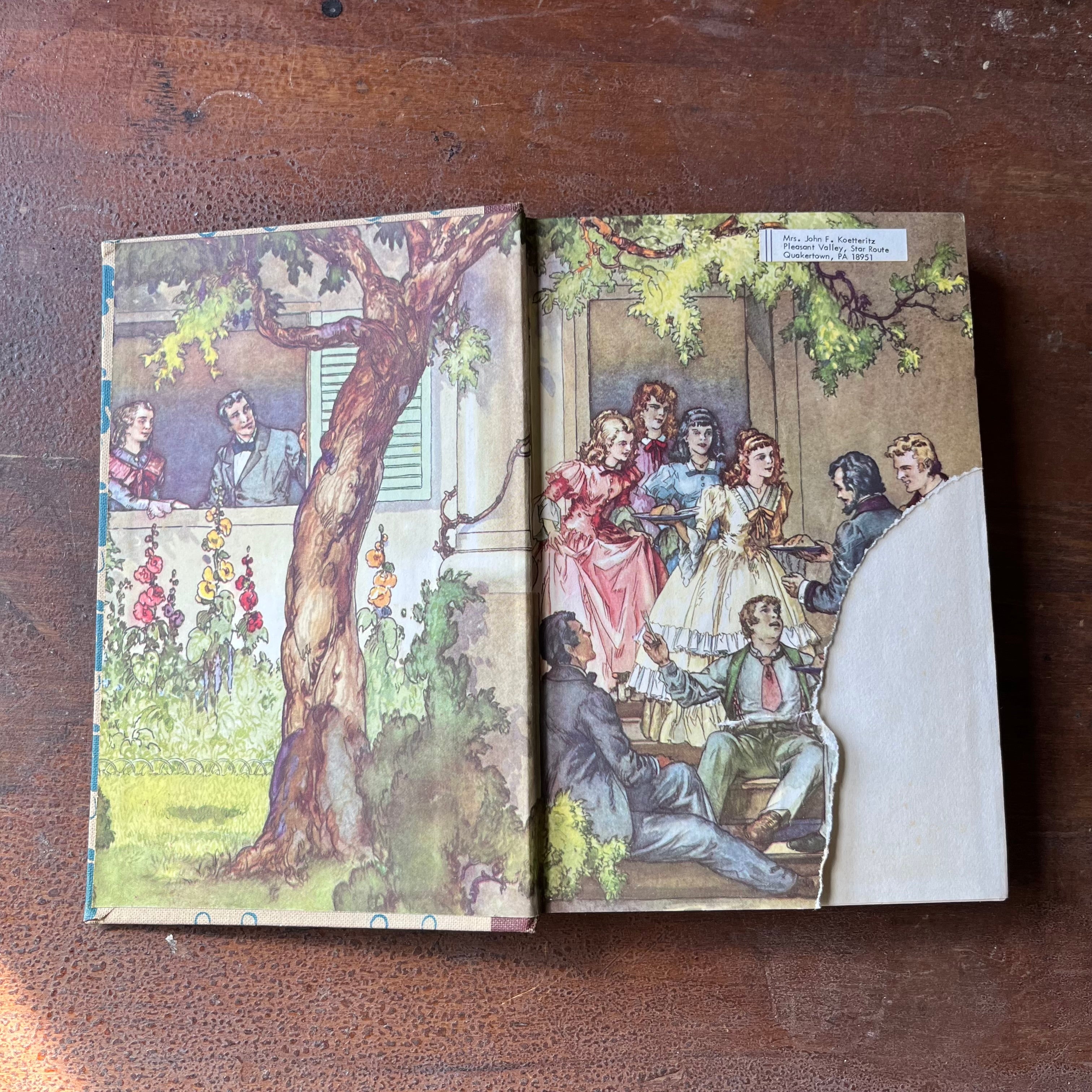 vintage children's chapter book, Illustrated Junior Library Edition - Jo's Boys written by Louisa May Alcott with illustrations by Louis Jambor - view of the inside cover - please note the condition of the torn end paper