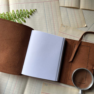 Leaf Stamped on Suede Leather Journal-blank nature or gratitude journal - view of the first page and what the journal looks like opened all the way up