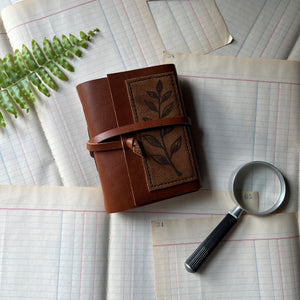 Leaf Stamped on Suede Leather Journal-blank nature or gratitude journal - view of the front cover