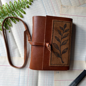 Leaf Stamped on Suede Leather Journal-blank nature or gratitude journal - view of a closeup of the front cover