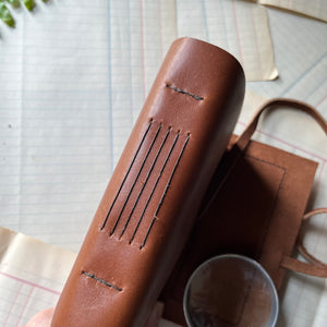 Leaf Stamped on Suede Leather Journal-blank nature or gratitude journal - view of the long-stitch binding on the spine