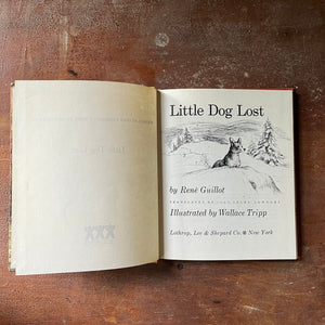 vintage children's chapter book, vintage Weekly Reader Children's Book Club Edition - Little Dog Lost by Rene Guillet with illustrations by Wallace Tripp - view of the title page