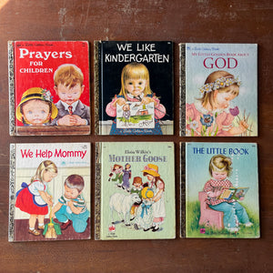 Little Golden Book Set of Six with Illustrations by Eloise Wilkin:  Prayers for Children, We Like Kindergarten, My Little Golden Book About God, We Help Mommy, Eloise Wilkin's Mother Goose, The Little Book-vintage children's picture books-view of the front covers