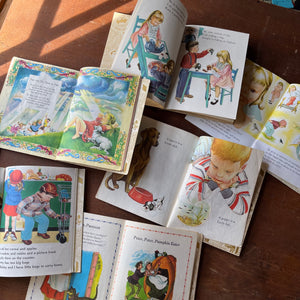 Little Golden Book Set of Six with Illustrations by Eloise Wilkin:  Prayers for Children, We Like Kindergarten, My Little Golden Book About God, We Help Mommy, Eloise Wilkin's Mother Goose, The Little Book-vintage children's picture books-view of the illustrations
