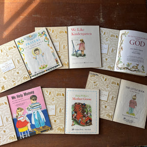 Little Golden Book Set of Six with Illustrations by Eloise Wilkin:  Prayers for Children, We Like Kindergarten, My Little Golden Book About God, We Help Mommy, Eloise Wilkin's Mother Goose, The Little Book-vintage children's picture books-view of the title pages