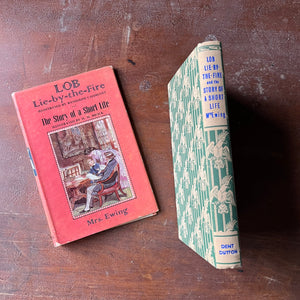 Lob Lie by the Fire The Story of a Short Life by Mrs. Ewing-vintage Dent Dutton Children's Classic Edition-vintage children's chapter book-view of the spine with two parrots & the title of the book