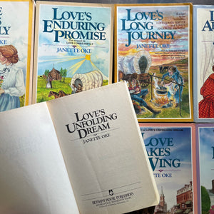 Love Comes Softly Complete 8 Book Set written by Janette Oke-vintage children's chapter books-Christian Historical Fiction-view of the title pages