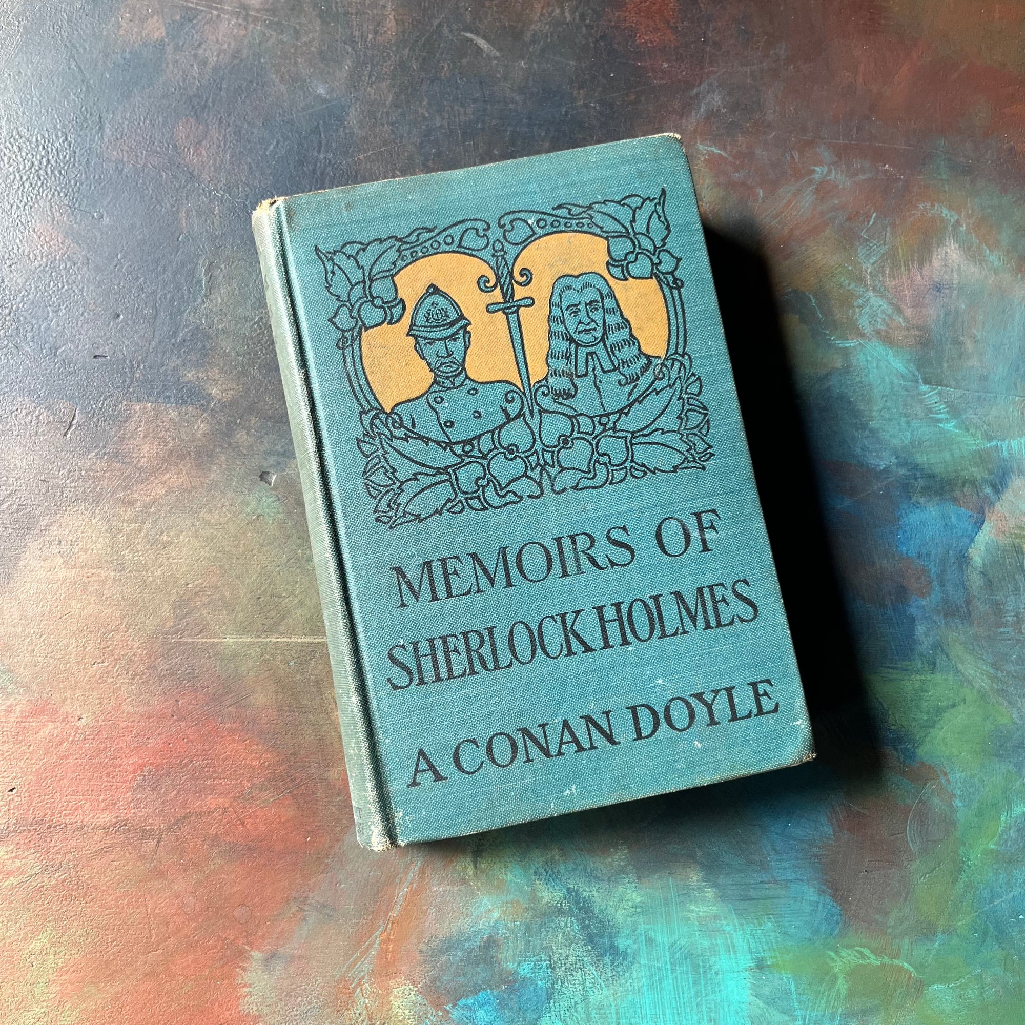 vintage mystery book, Antiquarian book, Sherlock Holmes Mystery, Sir Arthur Conan Doyle - Memoirs of Sherlock Holmes written by A. Conan Doyle - view of the front cover with an illustration of Sherlock & Watson on the front along with book title & author's name