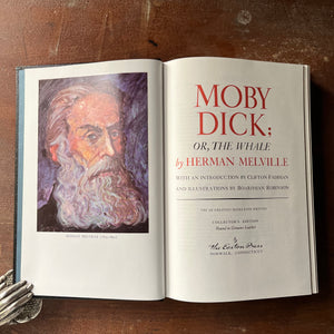 vintage children's chapter book, classic literature, gift book by Easton Press - Moby Dick or The Whale written by Herman Melville with illustrations by Broadhead Robinson - view of the title page with an illustration of Herman Melville opposite the title page