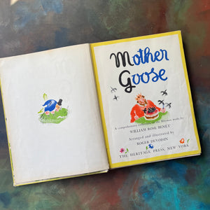 Mother Goose Nursey Rhymes Compiled by Wiliam Rose Benet with illustrations by Roger Duvoisin.  An antique edition of Mother Goose. View of the title page