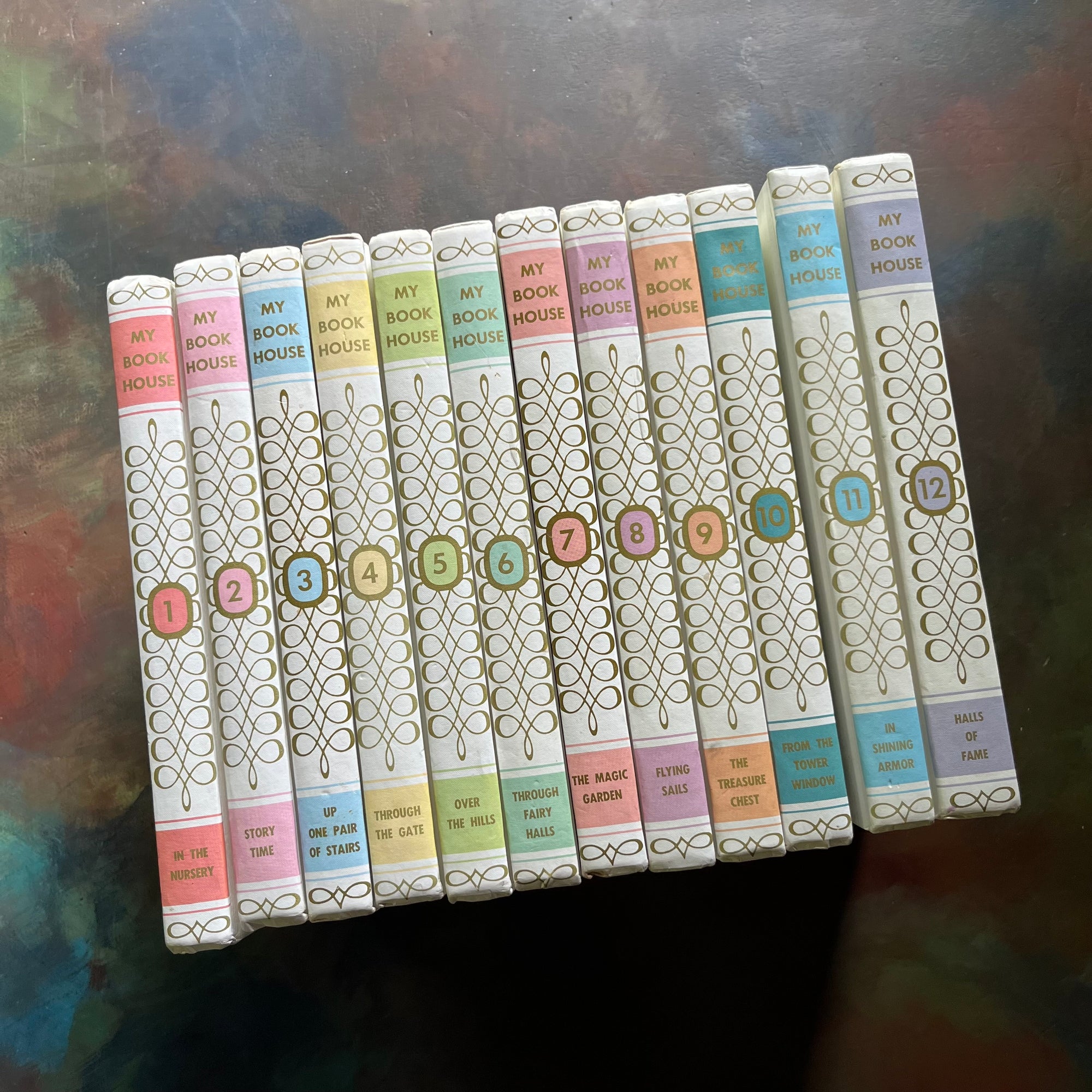 My Book House Book Set-1971-compete 12 volume set-Oilive Beaupre Miller-vintage children's storybook set-view of the pastel & white spines