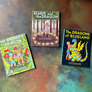 Log Cabin Vintage - vintage children's books, vintage children's classics, My Father's Dragon Tales - My Father's Dragon, Elmer and the Dragon, and The Dragons of Blueland Story and Illustrations by Ruth Stiles Gannett - view of the glossy front covers