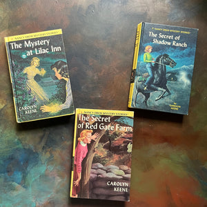 Nancy Drew Mysteries Set-Carolyn Keene-The Mystery of Lilac Inn-The Secret of Shadow Ranch-The Secret of Red Gate Farm-vintage children's chapter books-view of the front covers