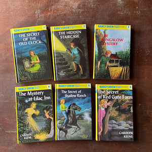 vintage children's chapter books, vintage book set - Nancy Drew Starter Set in Box Sleeve by Carolyn Keene-Volumes 1-6 - view of the glossy front covers