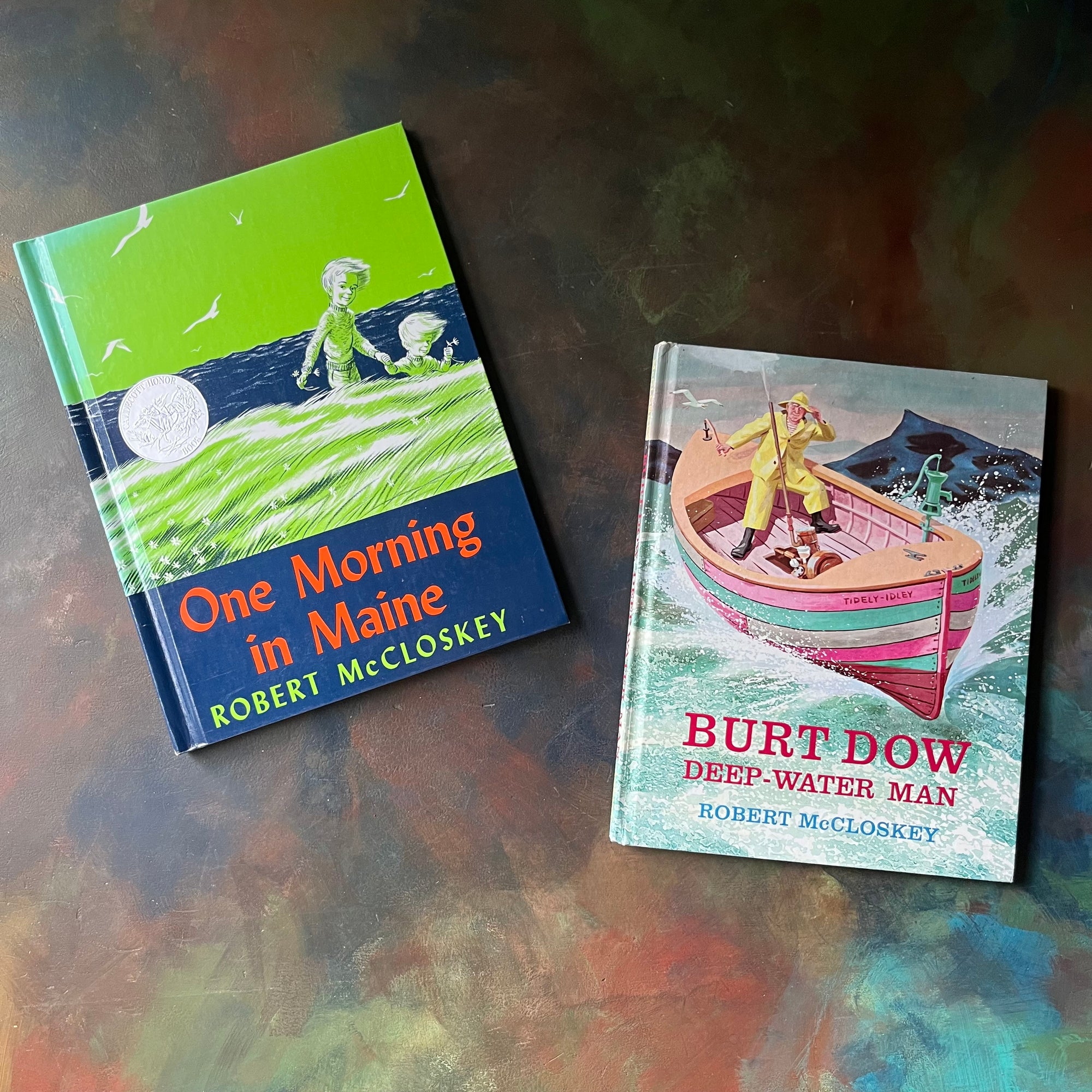 Pair of Vintage Children's Picture Books written & illustrated by Robert McCloskey-One Morning in Maine-Burt Dow Deep-Water Man-view of the front covers