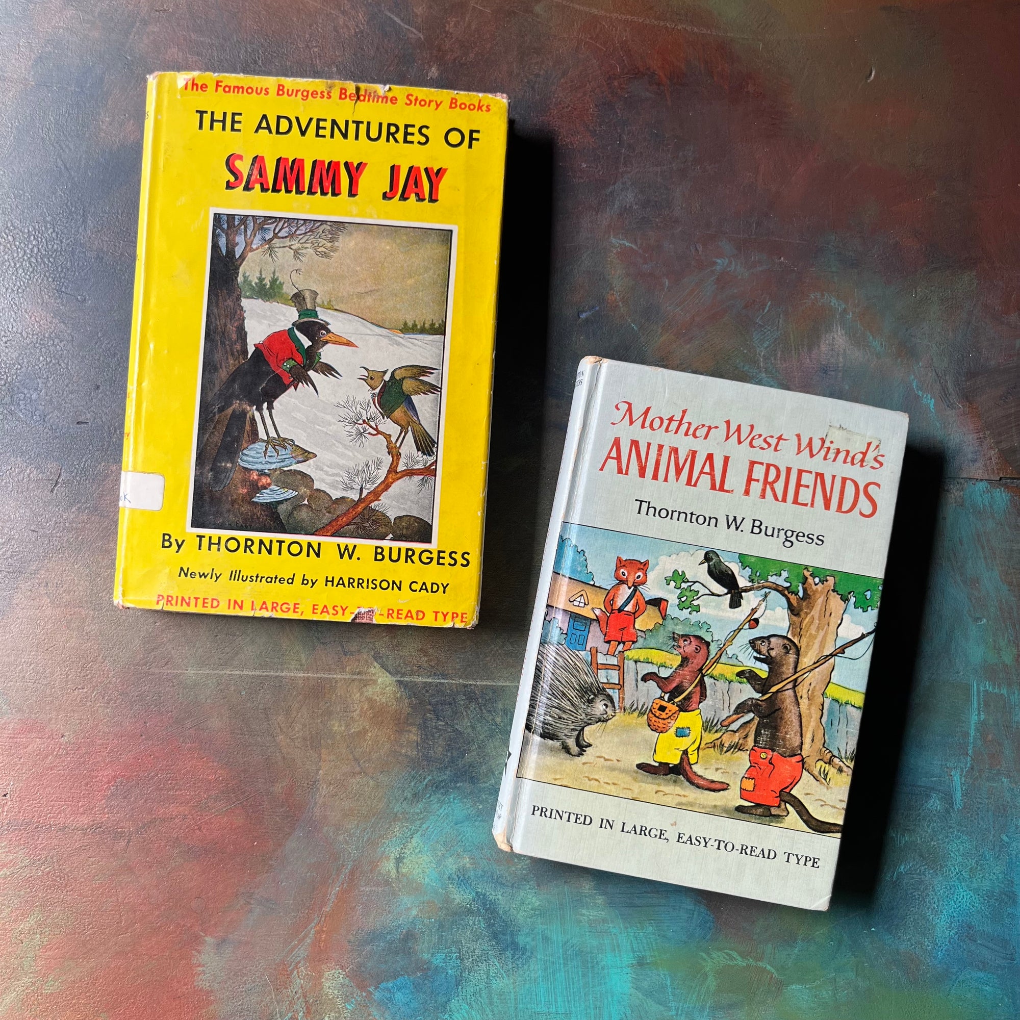 Pair of Thorton W. Burgess Books: The Adventures of Sammy Jay & Mother West Wind's Animal Friends - vintage children's storybooks  - view of the front covers with the dust jacket of The Adventures of Sammy Jay