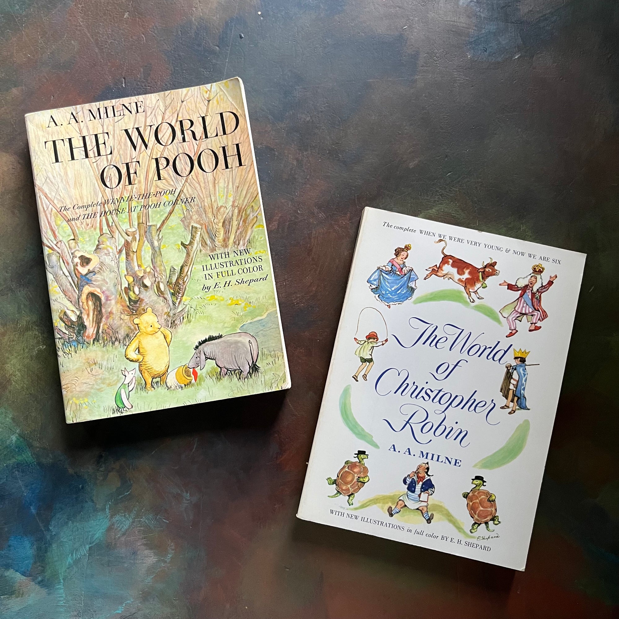 Pair of A. A. Milne Books-The World of Pooh and The World of Christopher Robin-short stories for children-poetry-illustrated by E. H. Shepard-view of the front covers