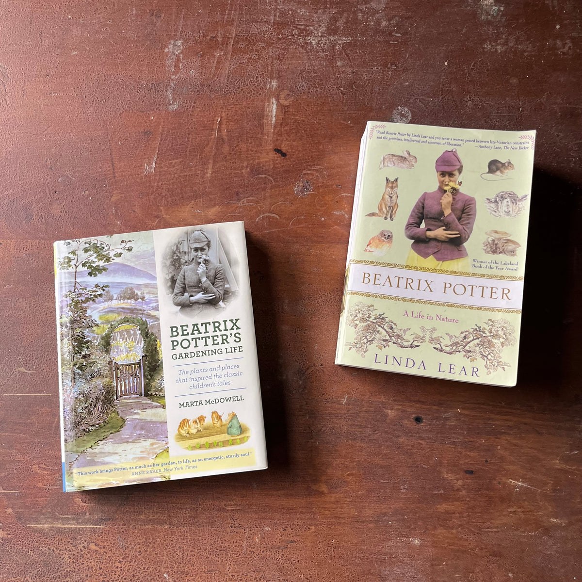 Pair of Books about Beatrix Potter-Beatrix Potter A Life in Nature and Beatrix Potter's Gardening Life-gift books-biography-view of the front covers with dust jacket on Beatrix Potter's Gardening Life