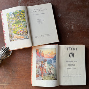 vintage children's books with decorative covers - Pair of Dent Dutton Books:  Heidi written by Johanna Spyri & A Child's Garden of Verses written by Robert Louis Stevenson - view of the title pages