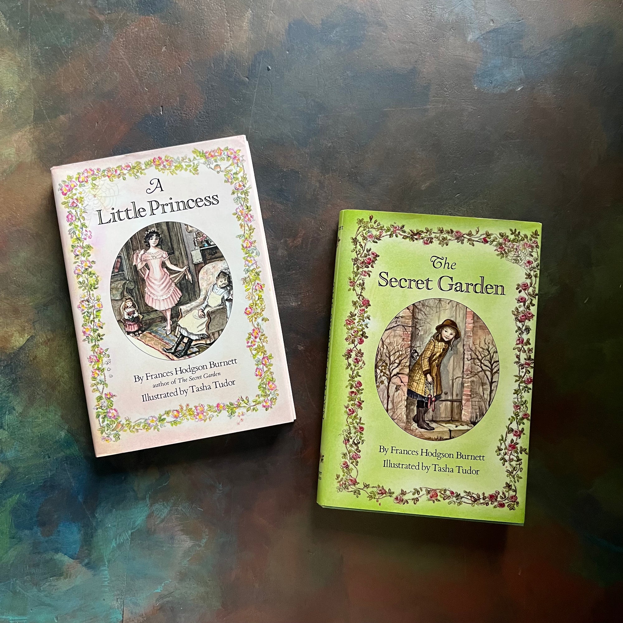 Pair of Frances Hodgson Burnett Books-The Little Princess and The Secret Garden-Illustrations by Tasha Tudor-vintage children's chapter books-view of the dust jacket's front covers