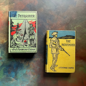 Pair of James Fenimore Cooper Leather Stocking Tales books-The Deerslayer and the Pathfinder-vintage adventure books-pioneer colonial life-view of the front covers