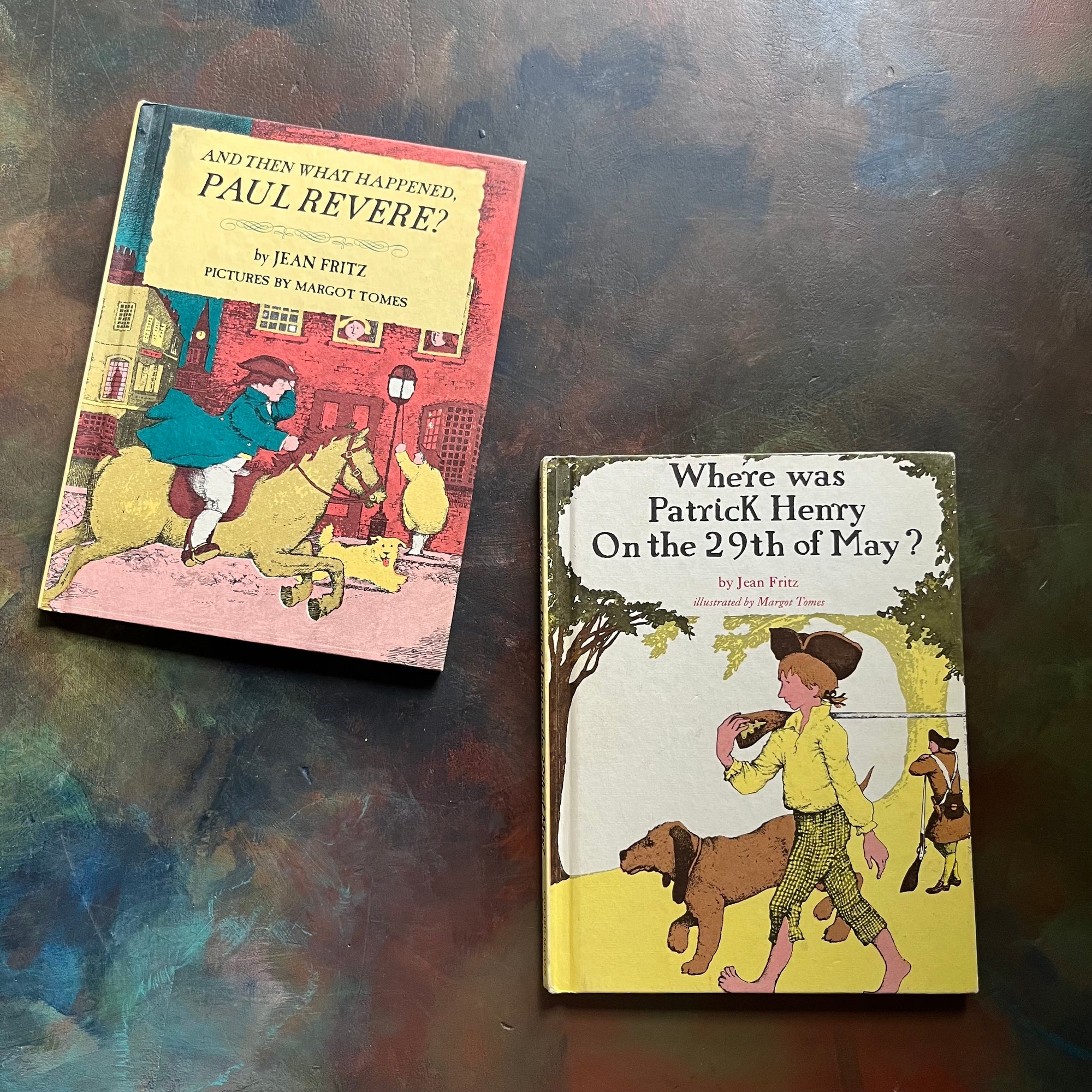 Pair of Jean Fritz Children's Picture Books with illustrations by Margot Tomes-Patrick Henry & Paul Revere-vintage children's history books-living history books-weekly reader books-view of the front covers