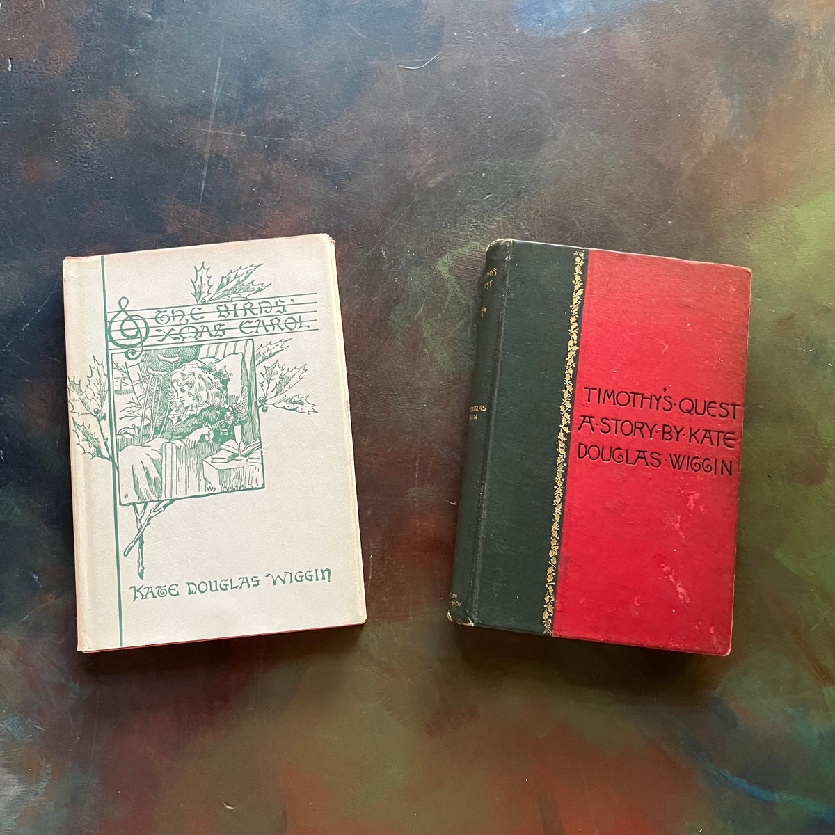 Pair of Kate Douglas Wiggins Books-The Birds' Xmas Carol-Timothy's Quest-antique novels-antique children's stories-antique Holiday books-view of the front covers - A Birds' Xmas Carol shows its original dust jacket