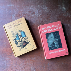vintage children's chapter books - Pair of Looking Glass Library Books-The Princess and The Goblin written by George MacDonald and Five Children and It written by E. Nesbit - view of the colorful front covers - yellow & pink with illustrations from each title