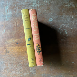 vintage children's chapter books - Pair of Looking Glass Library Books-The Princess and The Goblin written by George MacDonald and Five Children and It written by E. Nesbit - view of the colorful spines in yellow and pink