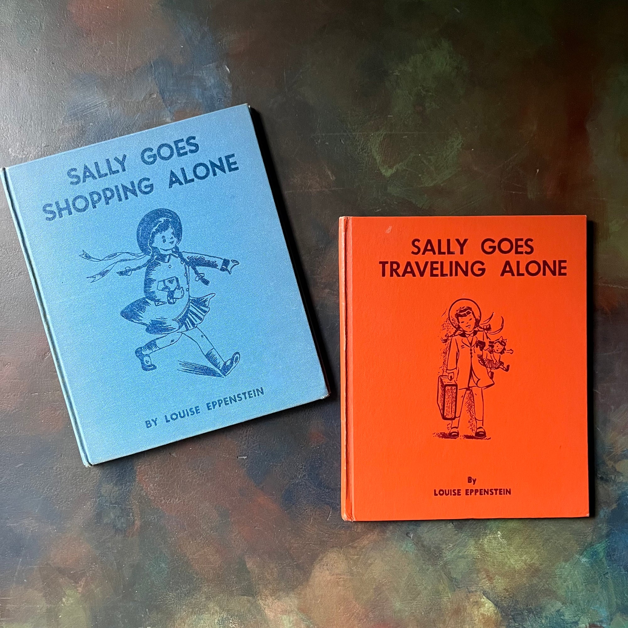 Pair of Louise Eppenstein Books-Sally Goes Shopping Alone-Sally Goes Traveling Alone-vintage children's beginner chapter books-view of the front covers