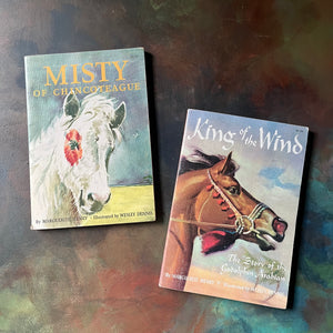 Pair of Margeurite Henry Horse Books-Misty of Chincoteague-King of the Wind-Newbery Award Book-vintage children's fiction-view of the front covers with illustrations by Wesley Dennis