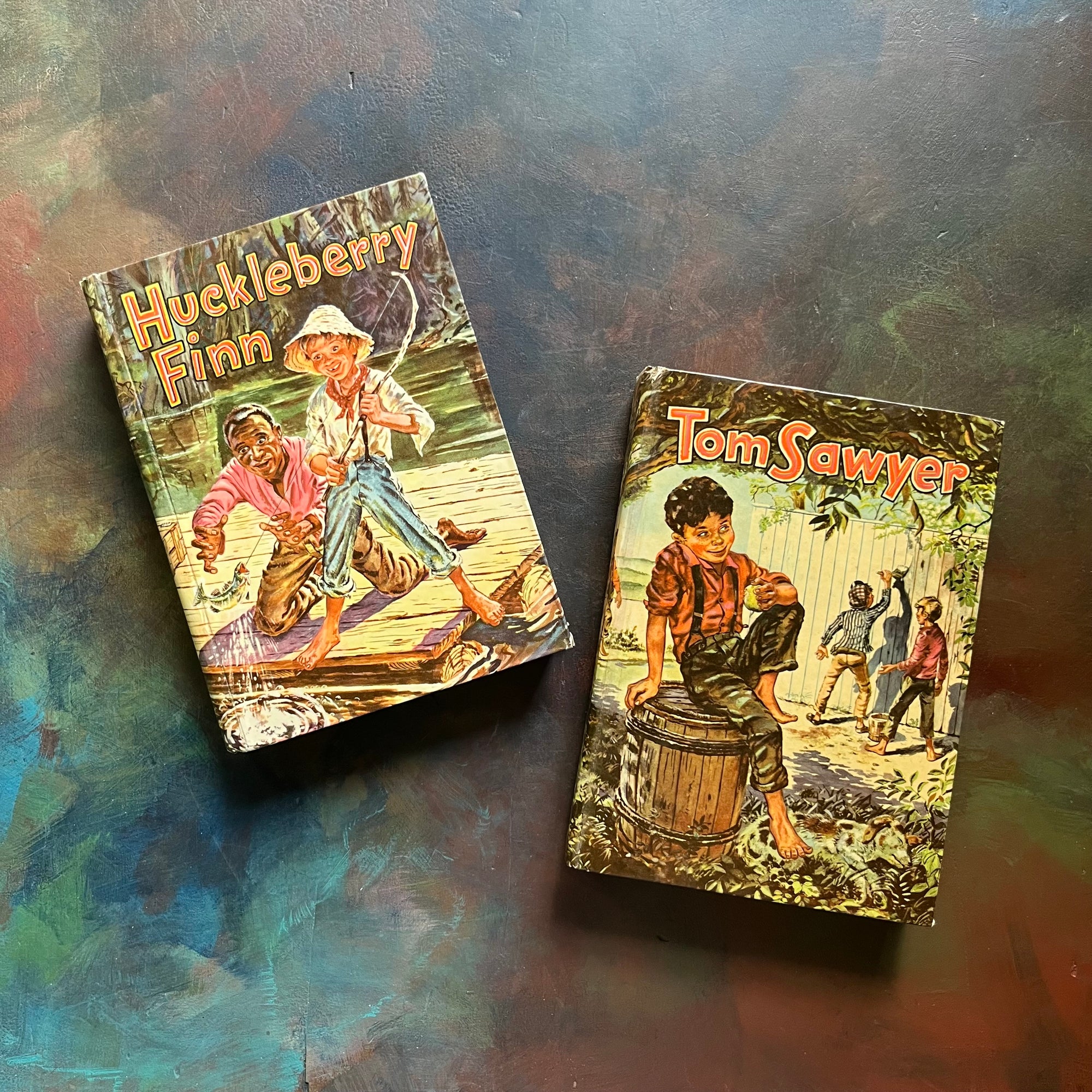 Pair of Mark Twain Books by Whitman Publishers-Huckleberry Finn & Tom Sawyer-vintage adventure books for kids-Samuel L. Clemens-Whitman Publishing-1955-view of the front covers