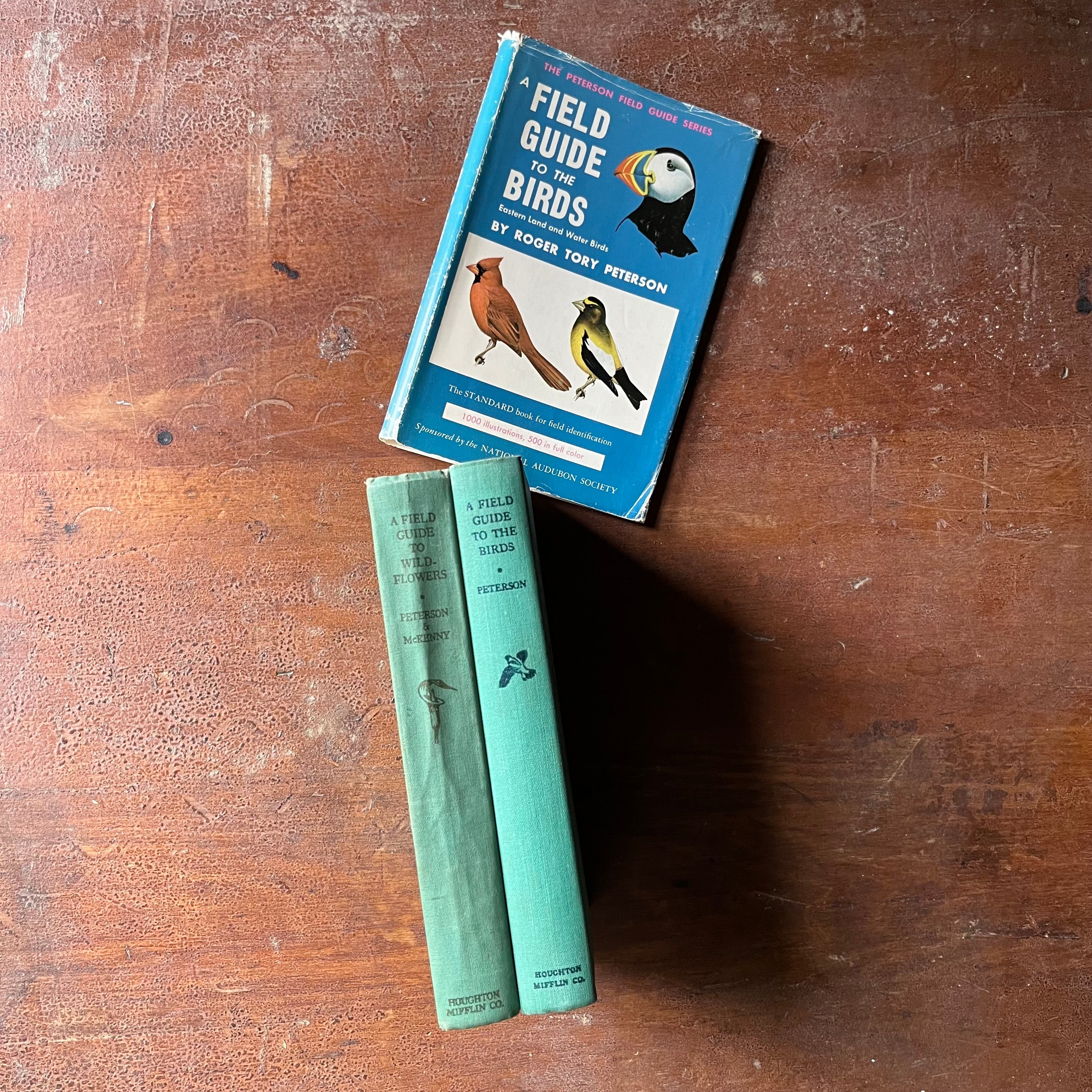 vintage nature guides - Pair of Peterson Field Guides-Field Guide to the Birds & Field Guide to Wildflowers - view of the spines with the same as the front 