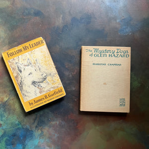 Pair of vintage dog books for children-Follow My Lead by James B. Garfield-The Mystery Dogs of Glen Hazard by Maristan Chapman-view of the front covers with dust jacket on Follow My Leader