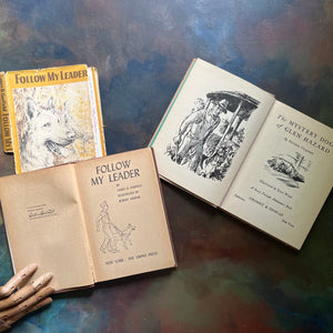 Pair of vintage dog books for children-Follow My Lead by James B. Garfield-The Mystery Dogs of Glen Hazard by Maristan Chapman-view of the title pages