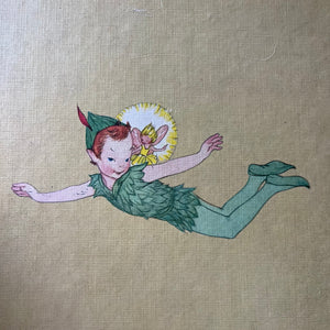 vintage children's chapter book, J. M. Barrie's Peter Pan & Wendy - Peter Pan a 1957 Edition Edited by Josette Frank with illustrations by Marjorie Torrey - view of a closeup of the illustration of peter pan & Tink flying on the back cover