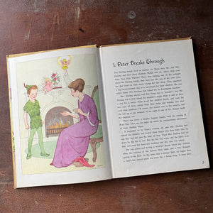 vintage children's chapter book, J. M. Barrie's Peter Pan & Wendy - Peter Pan a 1957 Edition Edited by Josette Frank with illustrations by Marjorie Torrey - view of the full page, color illustrations