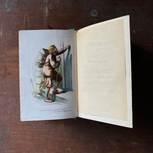 vintage religious tome, classic literature - Pilgrim's Progress written by Paul Bunyan also includes A Life of Bunyan by James Anthony Froude - view of the title page's illustration of a man knocking on a door