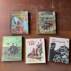 Random House Step Up To Reading History Book Set-Christopher Columbus, Pilgrims, George Washington, Robert E. Lee, John F. Kennedy-vintage children's history books-view of their colorful front covers with full illustrations taking up the entire covers with titles listed as well