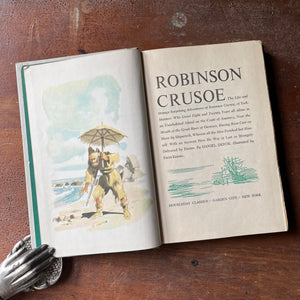 vintage children's chapter book, children's adventure book, classic literature - Robinson Crusoe written by Daniel DeFoe with illustrations by Fritz Kredel - 1945 Junior Deluxe Editions Book - view of the title page