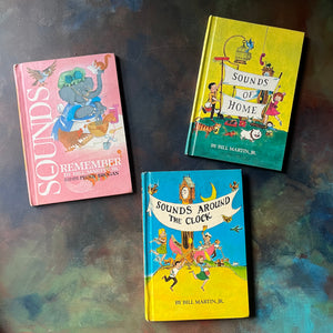 Set of 3 Sounds of Language Readers by Bill Martin, Jr.-Sounds I Remember, Sounds of Home & Sounds of the Clock-vintage school books for learning to read-view of the bright front covers with whimsical illustrations