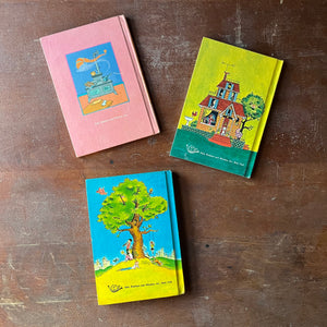 Set of 3 Sounds of Language Readers by Bill Martin, Jr.-Sounds I Remember, Sounds of Home & Sounds of the Clock-vintage school books for learning to read-view of the back covers with illustrations in beautiful colors