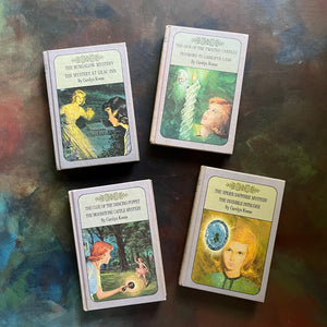 Set of 4 Nancy Drew Mystery Series Twin Thrillers Book Set by Carolyn Keene-vintage children's mystery books-chapter books-view of the front covers