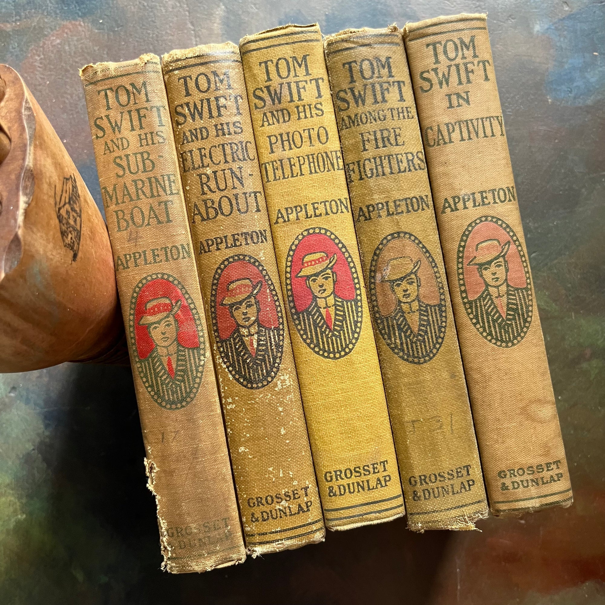 Set of 5 Tom Swift Antique Books written by Victor Appleton-adventure books for boys-view of the spines